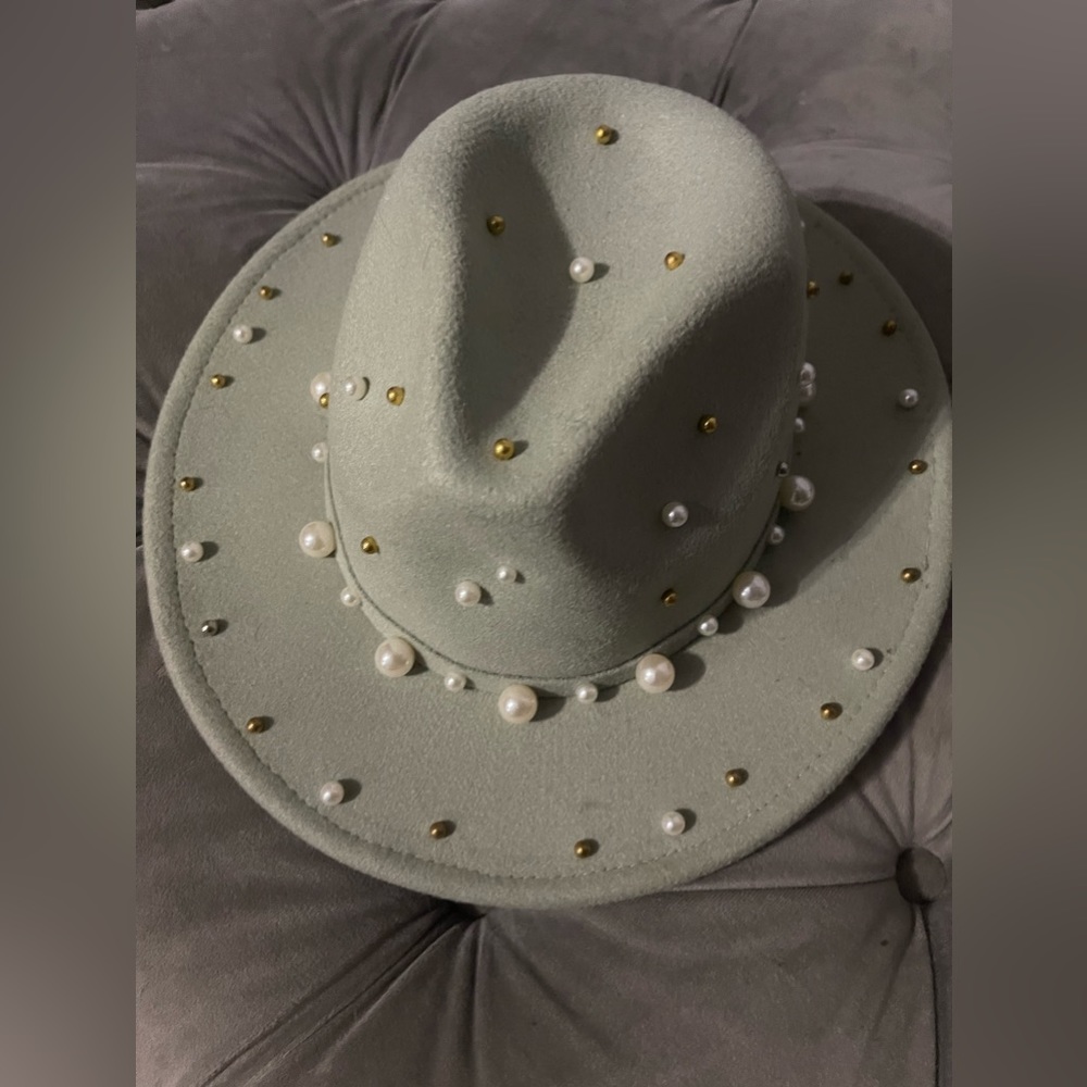 Sage green, pearl and gold fedora hat